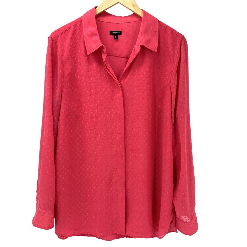 Talbots Blouse Womens XL Pink Hidden Button Up Clip Dot